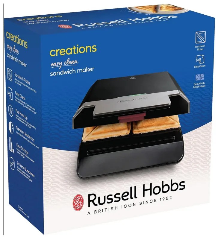 Сандвич тостер Russell Hobbs Creations 26800-56, 750W, 4 филии, Незалепващи плочи, Бързо загряване, Индикатори, Черен/инокс