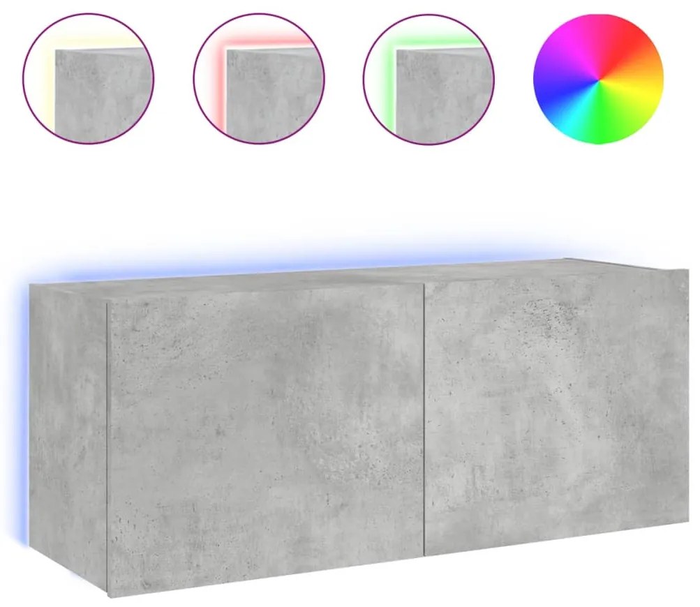 837326 vidaXL Стенен ТВ шкаф с LED осветление, бетонно сив, 100x35x41 см