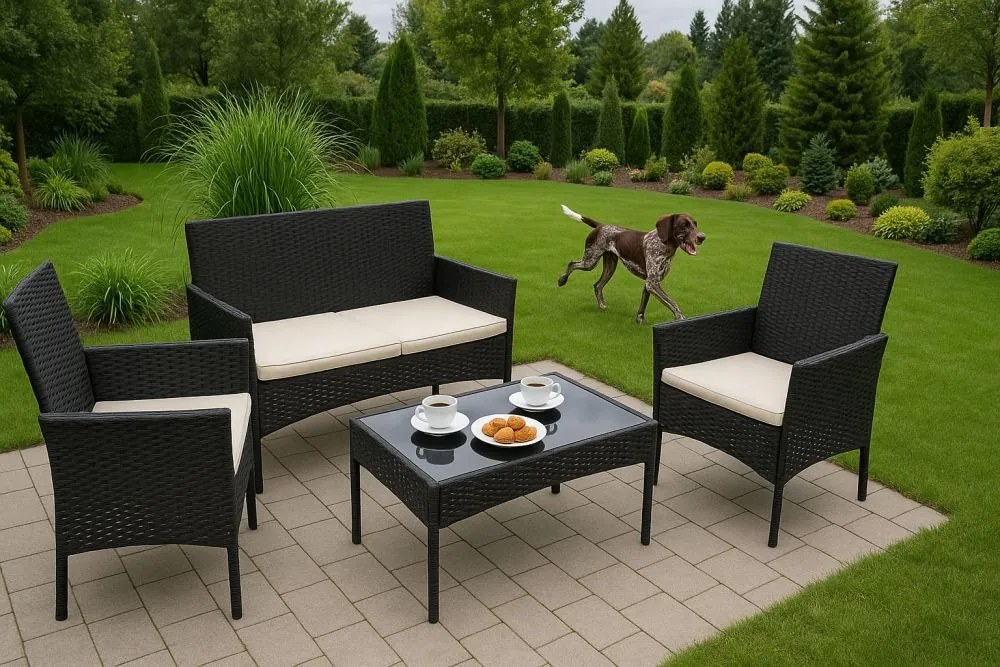 Градински мебели от ратан в черно - стилен комплект с пейка, кресла и маса