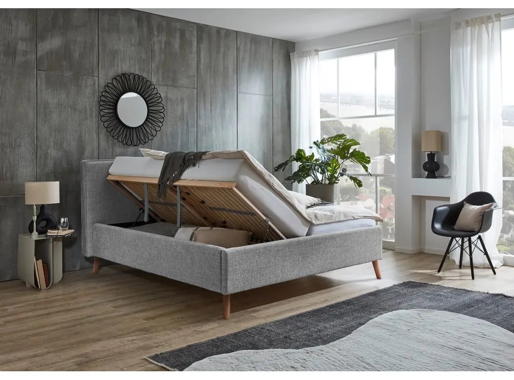 Светлосиво двойно легло 180x200 cm тапицирано с място за съхранение с включена подматрачна рамка Riva – Meise Möbel
