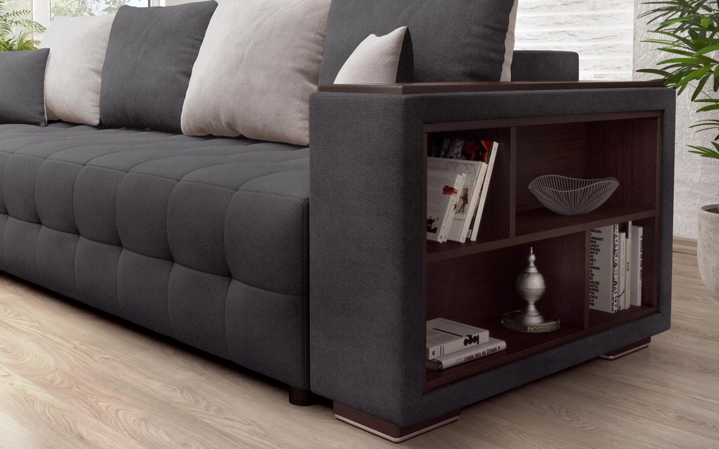 Разтегателен ъглов диван с подлакътник етажерка Мелвин Спринг