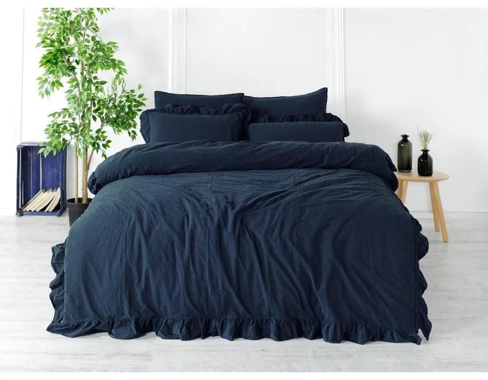 Тъмносиньо двойно удължено спално бельо от памук Renforcé 240x220 cm Ruffle Striped – Mila Home Luxury