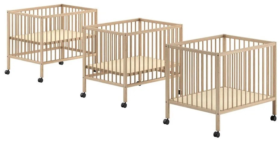 Кошара за игра от масивен бук с регулируема височина/на колелца 95x75 cm в естествен цвят Dino – Vipack