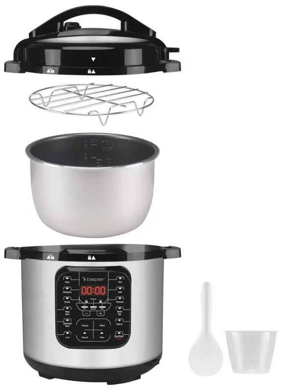 Мултикукър под налягане Beper P101COS001, 1200W, 15 програми, 6 литра, Таймер, Инокс/черен