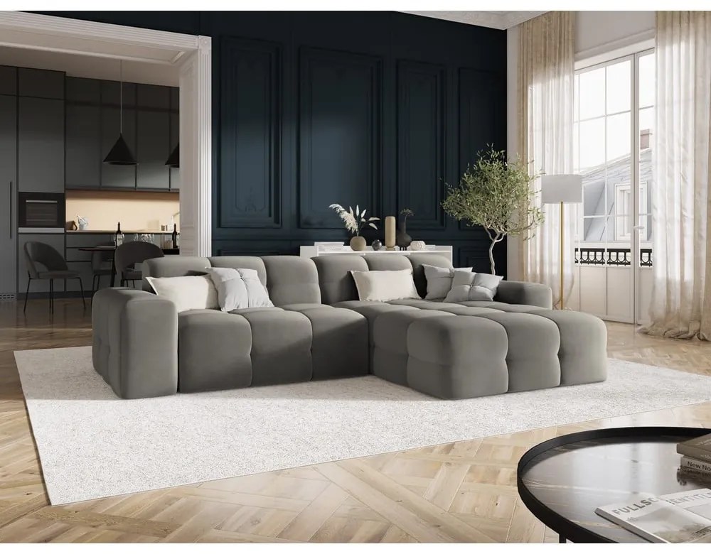 Ъглов диван от сиво кадифе (десен ъгъл) Kendal - Micadoni Home