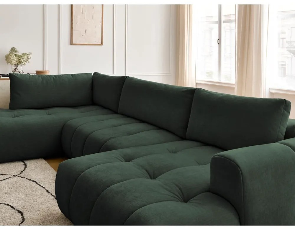 Зелен сгъваем/с място за съхранение ъглов диван (ляв ъгъл/U форма) Fuji – Bobochic Paris