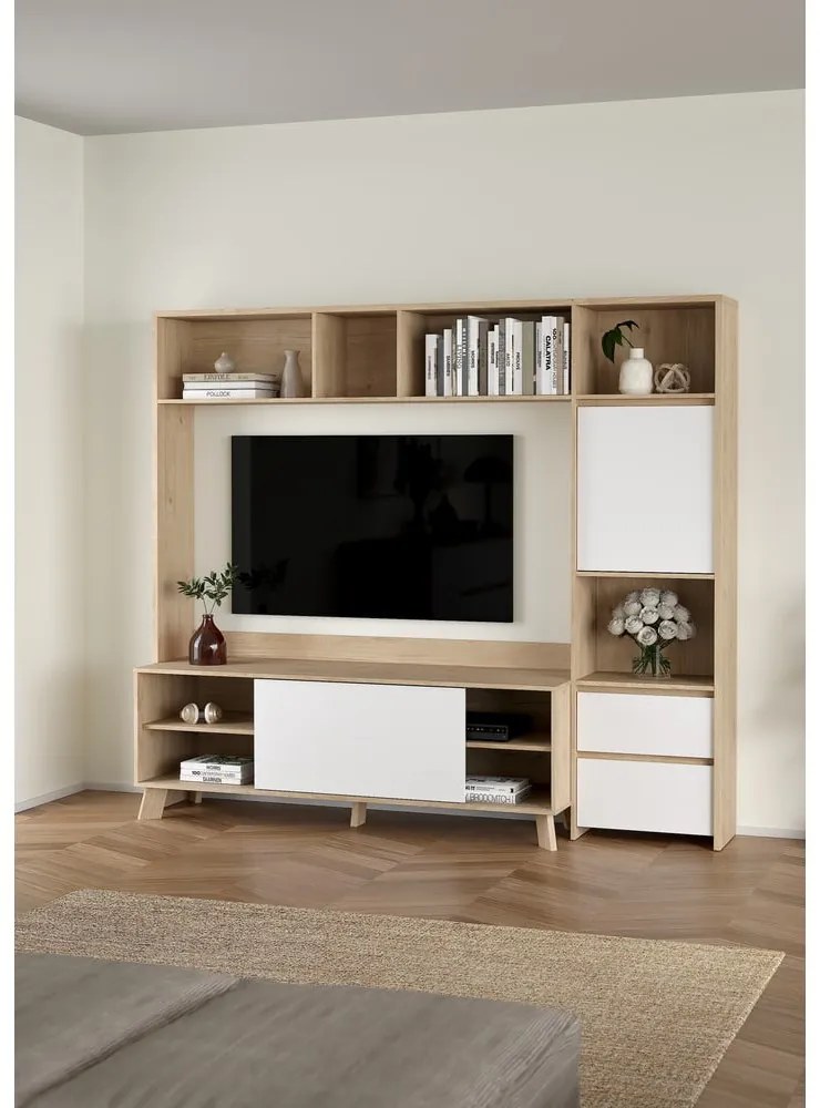TV комплект от дъбов декор в бял и естествен цвят 209x183x48 cm Next – Tvilum