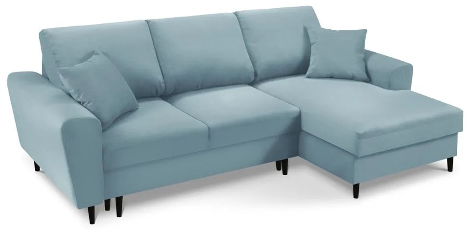 Светлосин разтегателен ъглов диван с място за съхранение от рипсено кадифе (десен ъгъл) Kyoto – Cosmopolitan Design