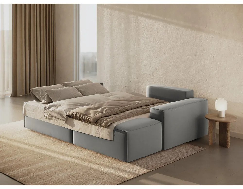 Светлосив кадифен разтегателен с място за съхранение ъглов диван (десен ъгъл) Jodie – Micadoni