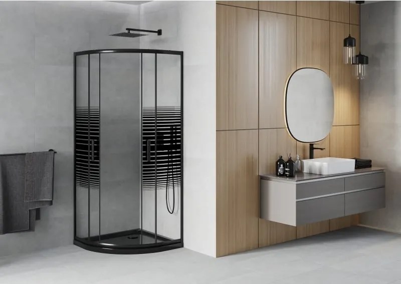 Mexen Rio душ кабина полукръгла 80 x 80 см, черни ленти, черна + корито Flat, черно - 863-080-080-70-20-4170B