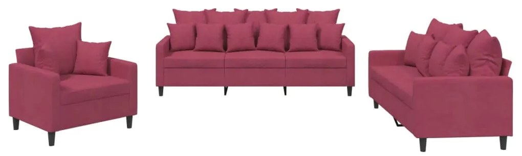 3201684 vidaXL Комплект дивани от 3 части с възглавници, виненочервен, кадифе
