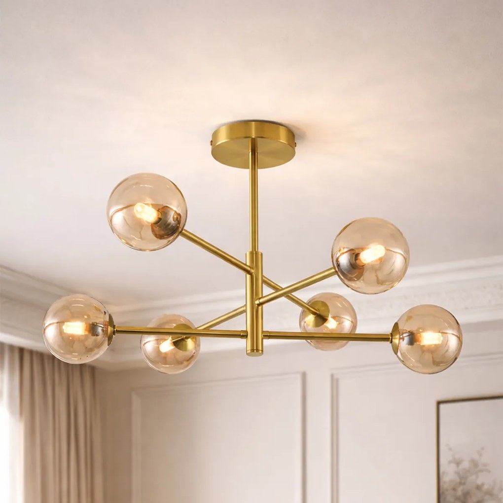 Модерна таванна лампа месинг с кехлибарено стъкло 6 светлини - Ryan