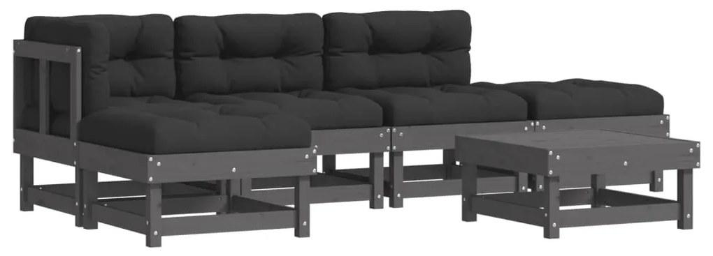 3185894 vidaXL Градински комплект с възглавници, 6 части, сив, дърво масив