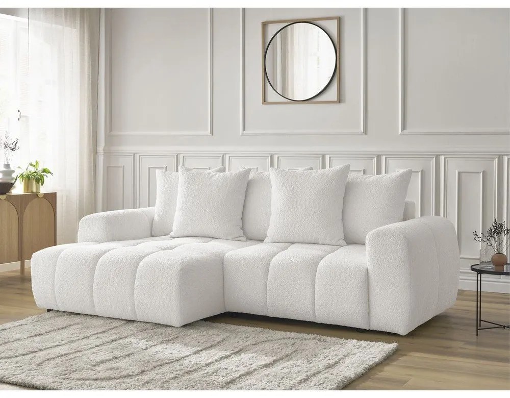 Бял разтегателен ъглов диван с място за съхранение от букле (ляв ъгъл) Roxelane – Bobochic Paris