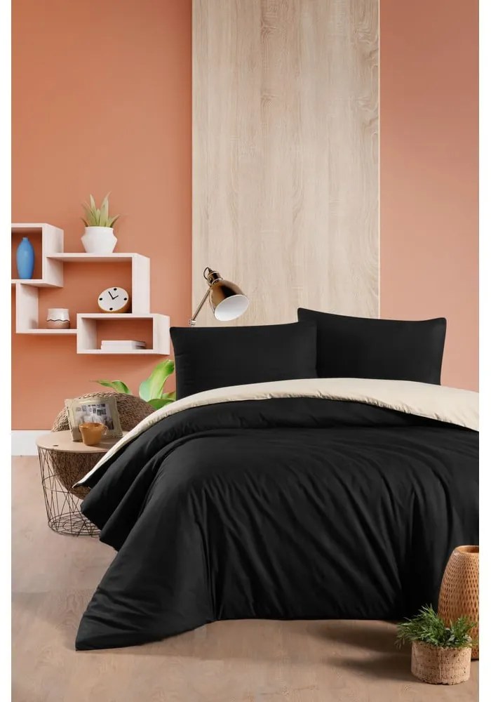 Черно и кремаво памучно спално бельо за двойно легло/разширено с чаршаф 200x220 cm - Mila Home