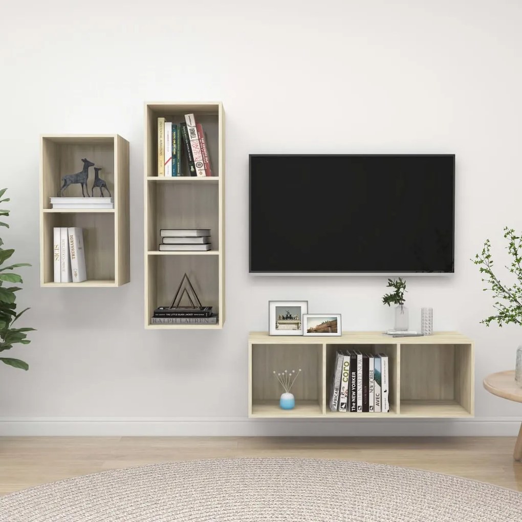 3079631 vidaXL Комплект ТВ шкафове от 3 части, дъб сонома, инженерно дърво