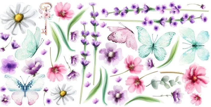 Стикер за стена в детската стая - пастелна поляна с пеперуди и цветя Широчина: 60 см | Дължина: 120 см