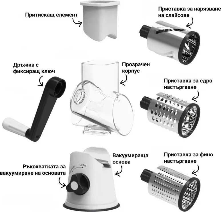 Ренде Izibizi PS-336A, 3 сменяеми приставки, Неръждаема стомана, Вакуумираща основа, Бял