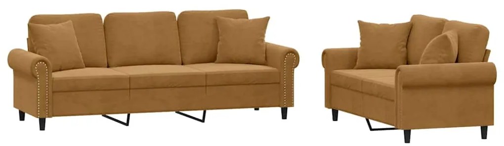 3202277 vidaXL Комплект дивани 2 части с възглавници, кафяв, кадифе