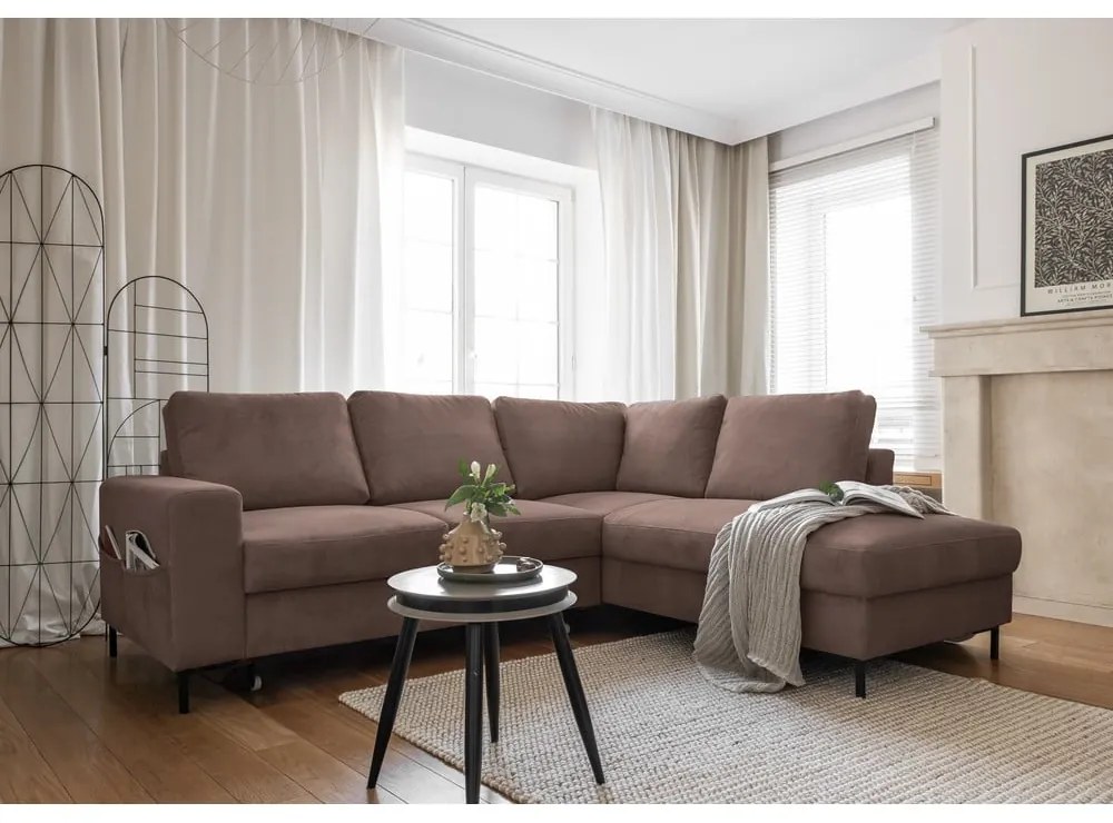 Кафяв разтегателен ъглов диван от рипсено кадифе (десен ъгъл) Lofty Lilly – Miuform