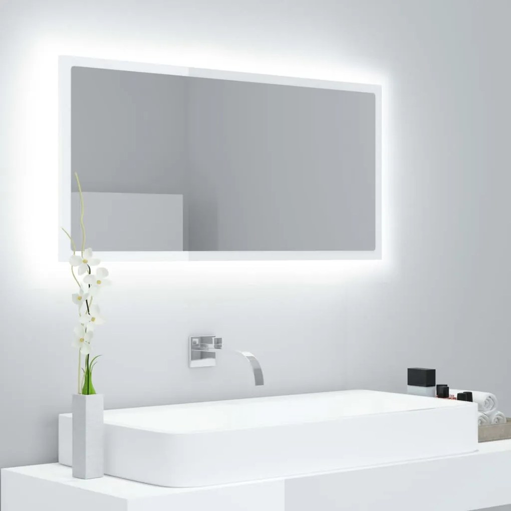 LED огледало за баня, бял гланц, 90x8,5x37 см, акрил