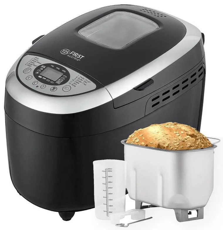 Хлебопекарна FIRST FA-5152-3-BA, 850W, 1.25 кг, 12 програми, Таймер, Незалепващо покритие, Черен/инокс