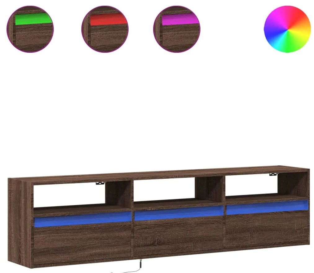 3307946 vidaXL Стенен ТВ шкаф с LED, кафяв дъб, 180x31x45 см