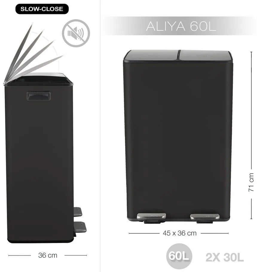 Матово черно стоманено кошче за боклук 2x30 l за рециклиране с педал Aliya – Spirella