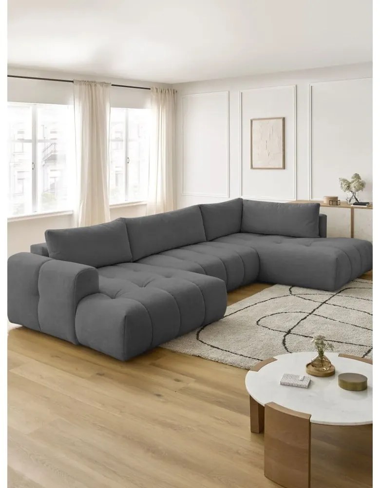 Тъмносив сгъваем/с място за съхранение ъглов диван (десен ъгъл/U форма) Fuji – Bobochic Paris