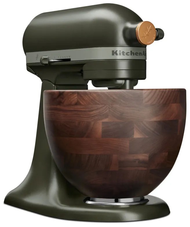 Планетарен миксер KitchenAid Artisan Evergreen 5KSM180WSEEG, 300W, 4.7 л, Direct drive, 10 скорости, Накланяща се глава, Купа от орехово дърво, Тъмнозелен/кафяв