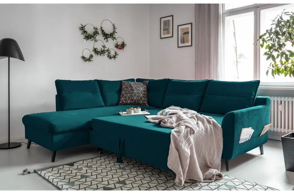 Ъглов разтегателен диван от тюркоазено кадифе L, ляв ъгъл Stylish Stan - Miuform