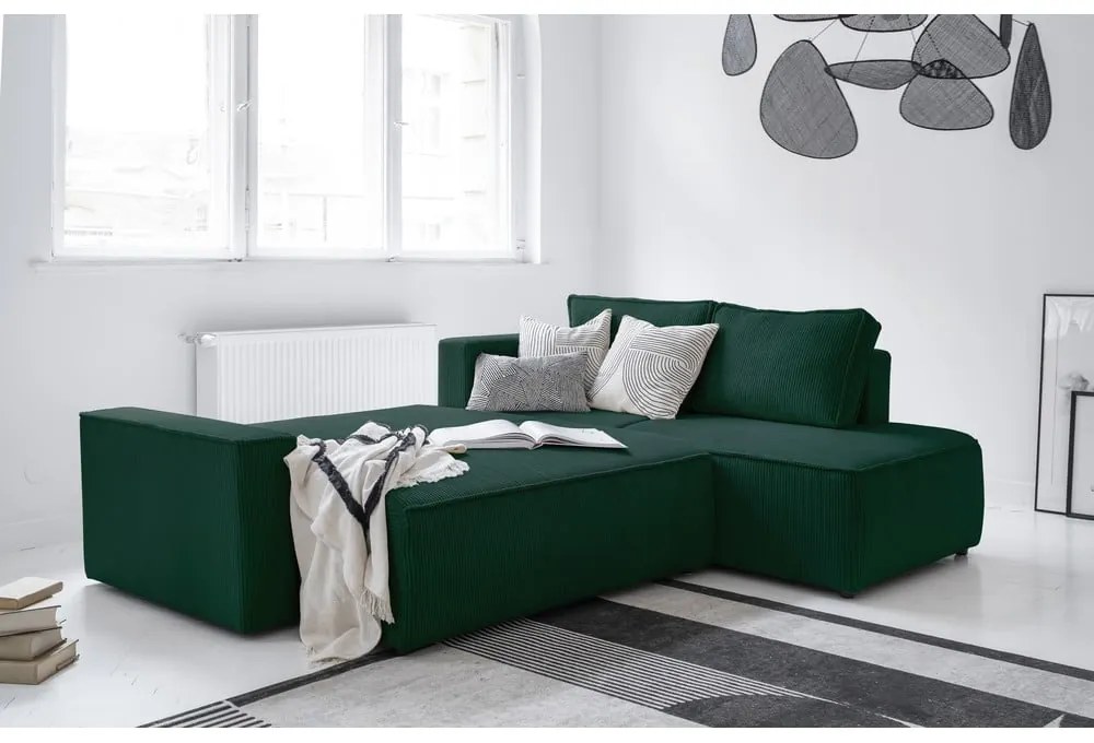 Тъмнозелен разтегателен ъглов диван от рипсено кадифе (десен ъгъл) Brave Dave – Miuform