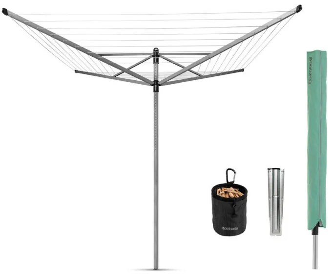 Външен простор Brabantia Lift-O-Matic 1003466, 50 м, Регулируема височина, Метален шиш за вкопаване, Калъф, Торба с щипки, Резистентен на корозия, Инокс