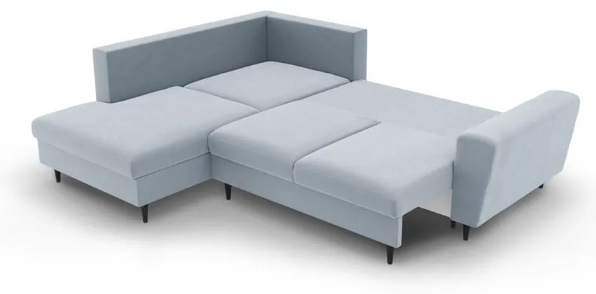 Светлосин кадифен разтегателен ъглов диван с място за съхранение (ляв ъгъл/L форма) Kyoto – Cosmopolitan Design