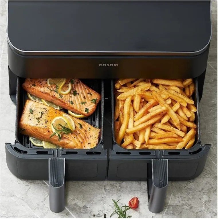 Втора ръка: Двоен фритюрник с горещ въздух Cosori Dual Basket CAF-R901-AEU, 1750 W, 8.5 л, 8 програми, Таймер, Touch screen, Черен