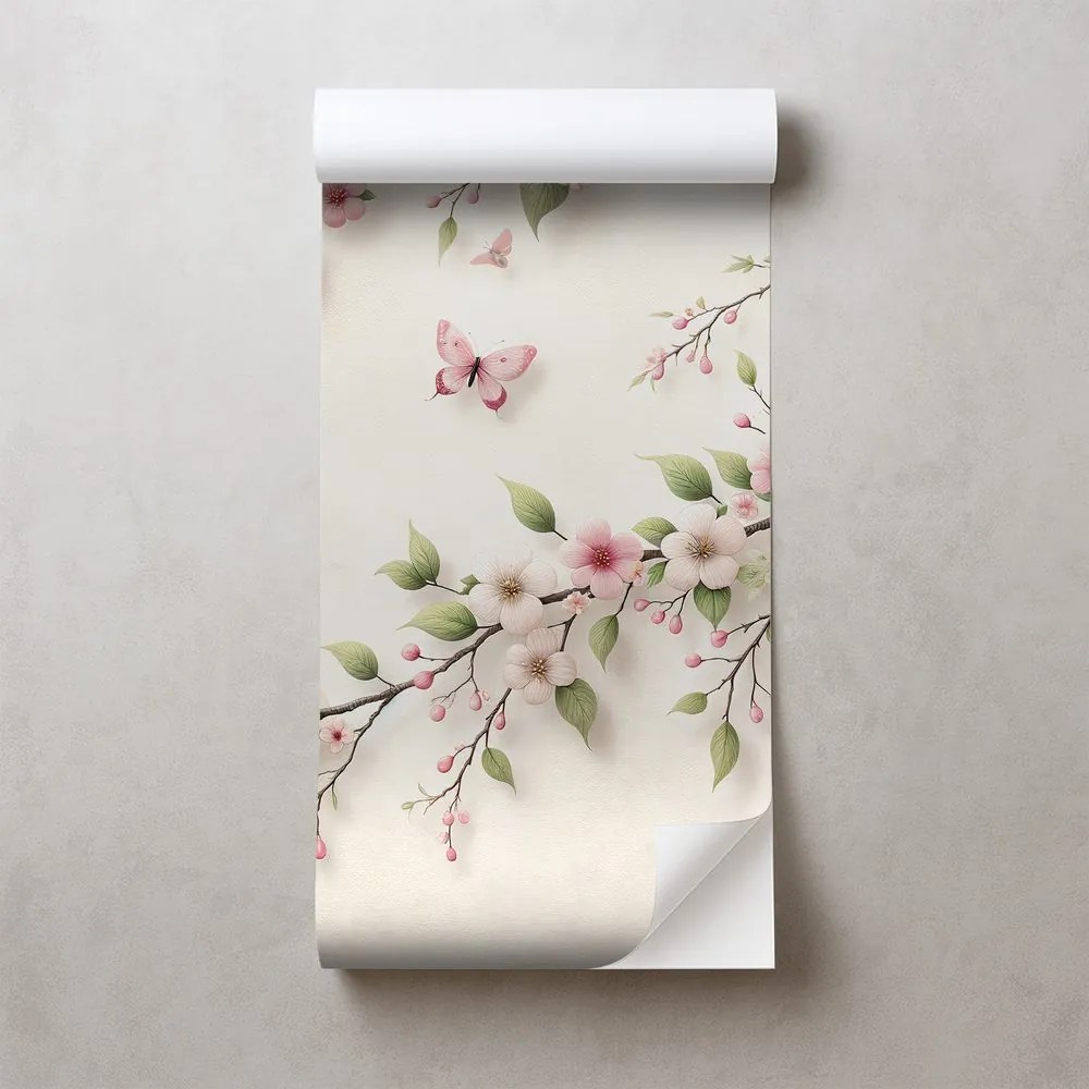 Самозалепващ фототапет – Нежни розови цветя и пеперуди