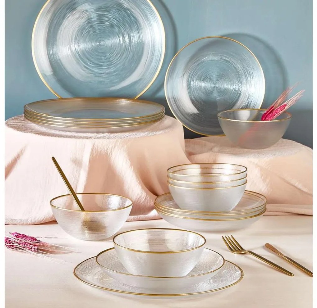 Комплект за хранене 18 части — прозрачно стъкло с златист акцент