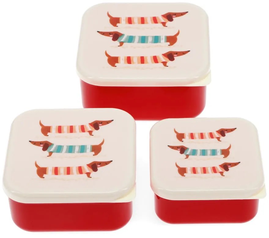 Детски кутии за храна 3 бр. в червен и кремав цвят Sausage Dog – Rex London