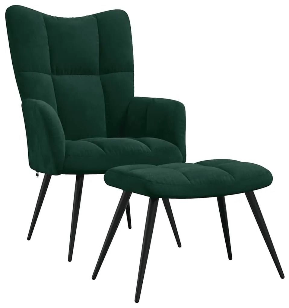 328086 vidaXL Стол за релакс с табуретка, тъмнозелен, кадифе