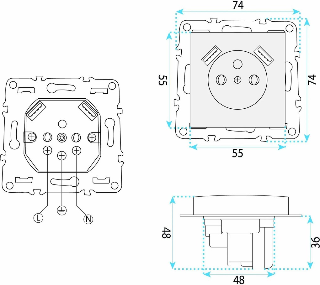 Единичен контакт със заземяване + 2x USB-A OSTE JNH003-G Grey