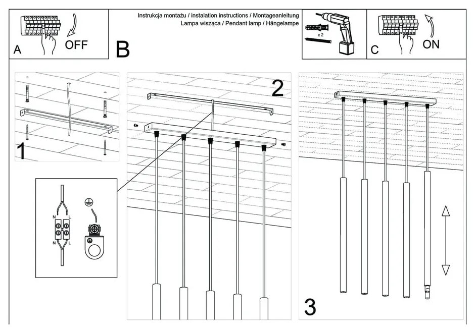 Черна висяща лампа , дължина 45 cm Fideus - Sollux
