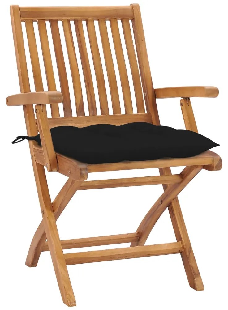 3062428 vidaXL Градински столове, 2 бр, черни възглавници, тиково дърво масив