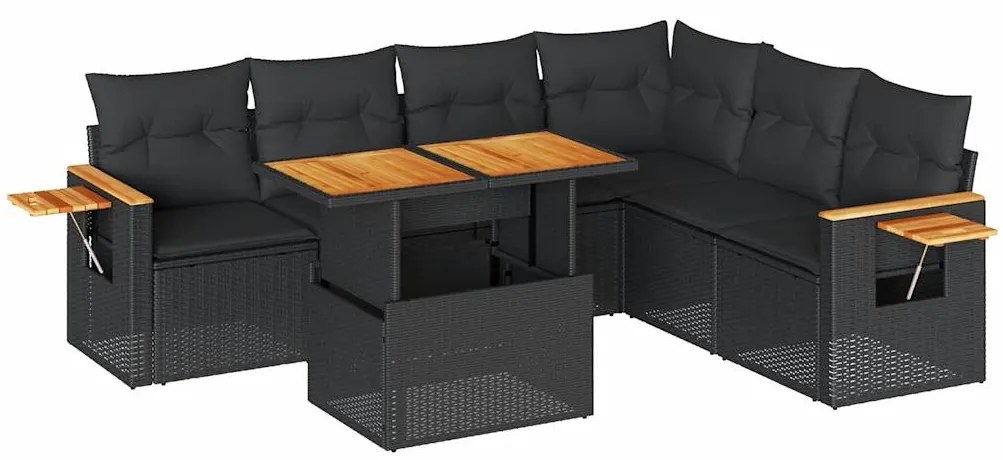 3327604 vidaXL Градински комплект диван с възглавници 7 части черен полиратан