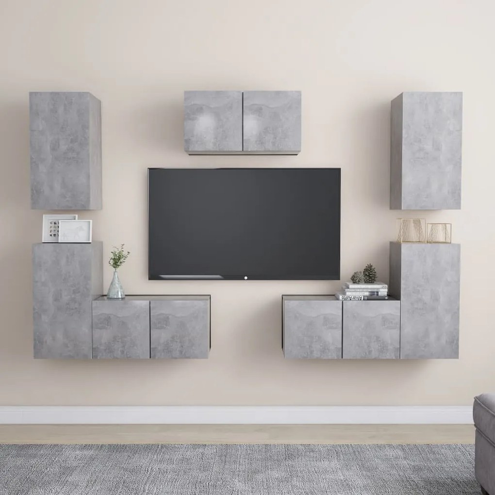 3079091 vidaXL Комплект ТВ шкафове от 7 части, бетонно сиви, инженерно дърво