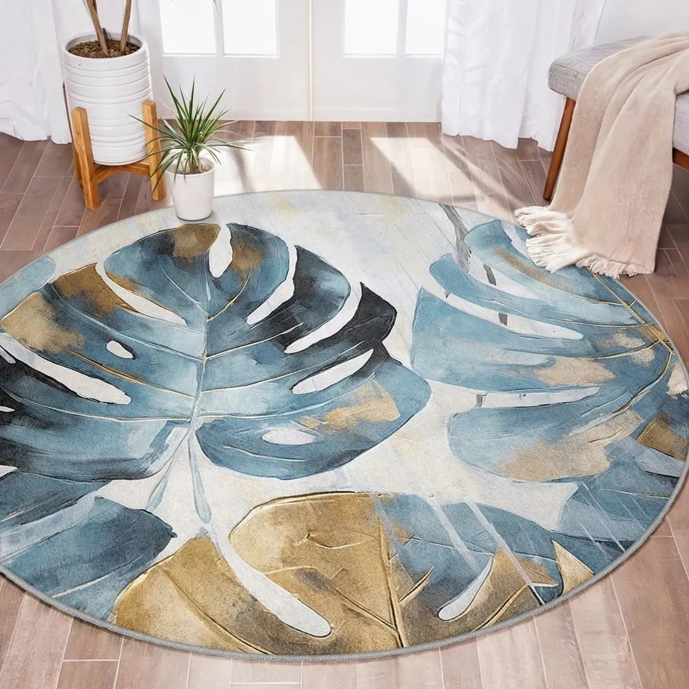 Син кръгъл килим подходящ за пране ø 150 cm Golden Leaves – Mila Home
