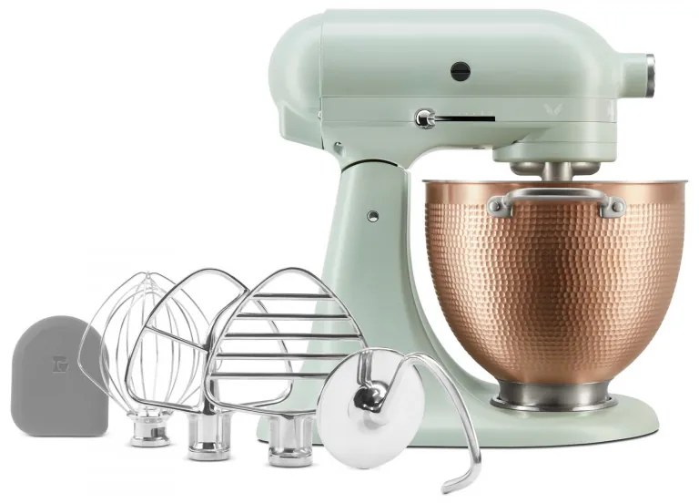 Планетарен миксер KitchenAid Artisan Blossom Exclusive Design 5KSM180LEELB, 300W, 4.7 л, Direct drive, 10 скорости, Накланяща се глава, Купа от кована мед, Билково зелен