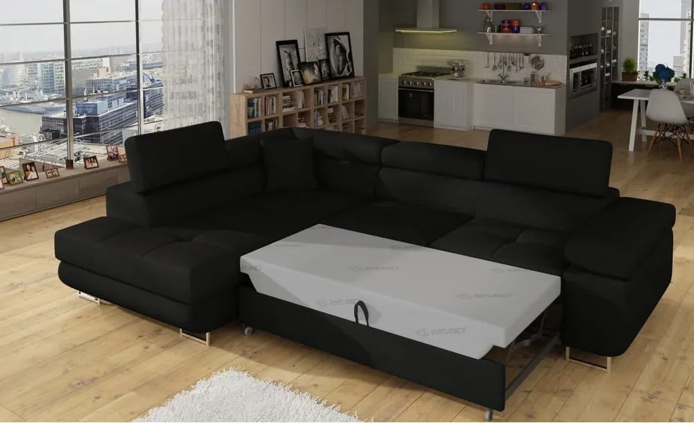 Черен разтегателен ъглов диван с място за съхранение (ляв ъгъл L форма) Anton – ELTAP