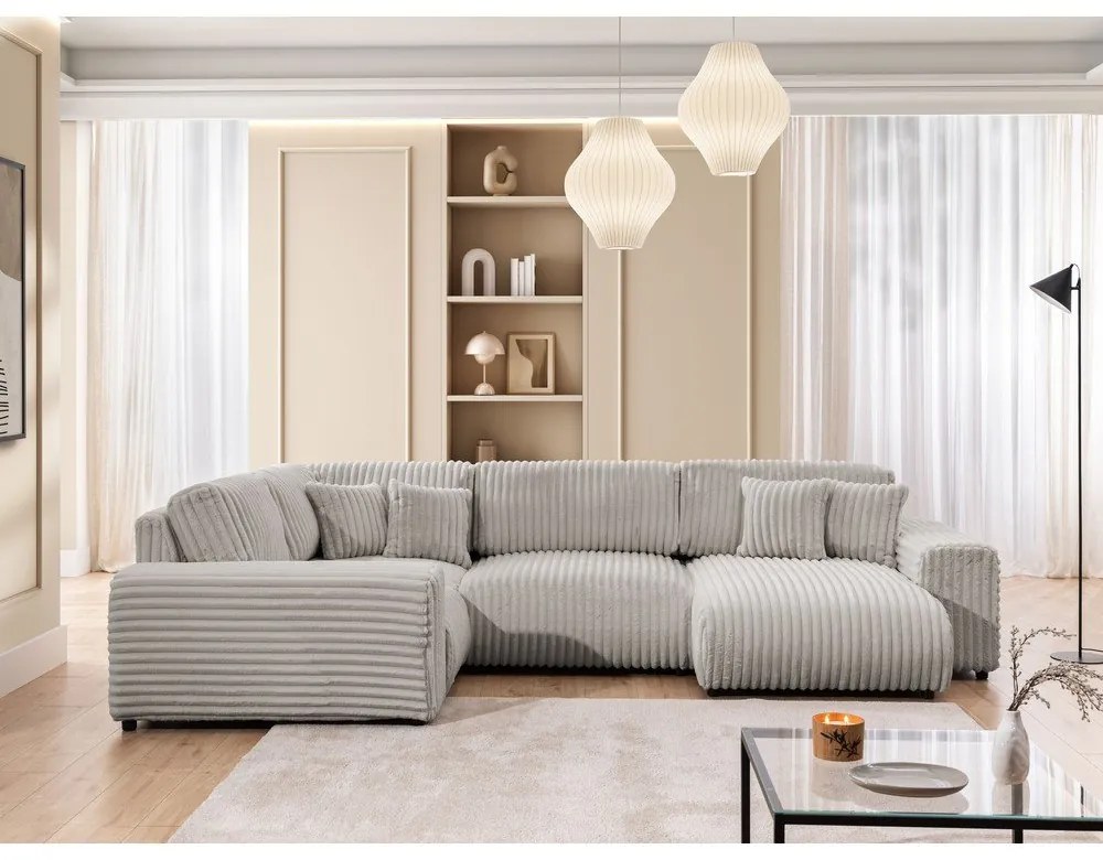 Светлосив ъглов диван от рипсено кадифе (ляв ъгъл/U форма) Justin – Ropez