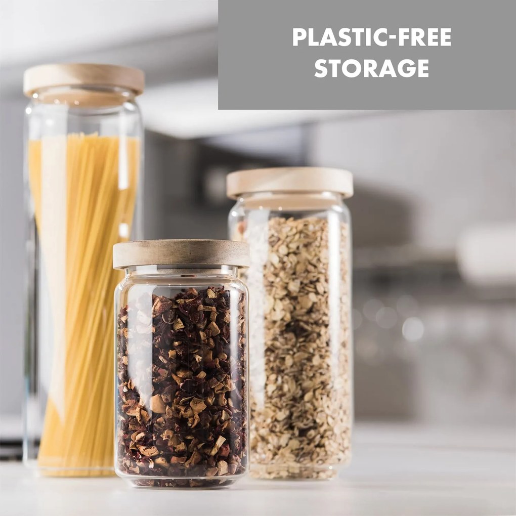 Klarstein Lovage, кутии за съхранение, 0,75, 1,1, 1,5 литра, момплект от 3 части, боросиликтано стъкло, капак от акациево дърво, силикон