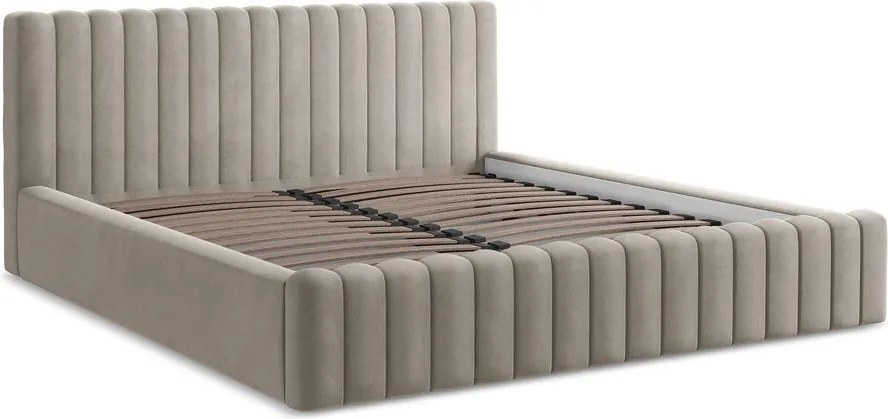 Кафяво-сиво двойно легло 160x200 cm тапицирано с място за съхранение с включена подматрачна рамка Lemi – Makamii